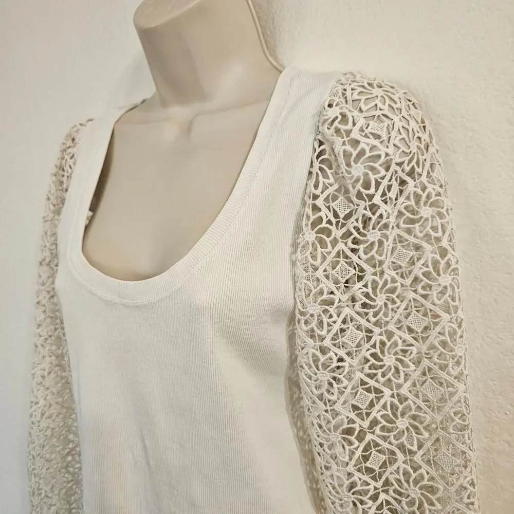 MAEVE ANTHROPOLOGIE Lace-Sleeve Top in White Size Petite Small